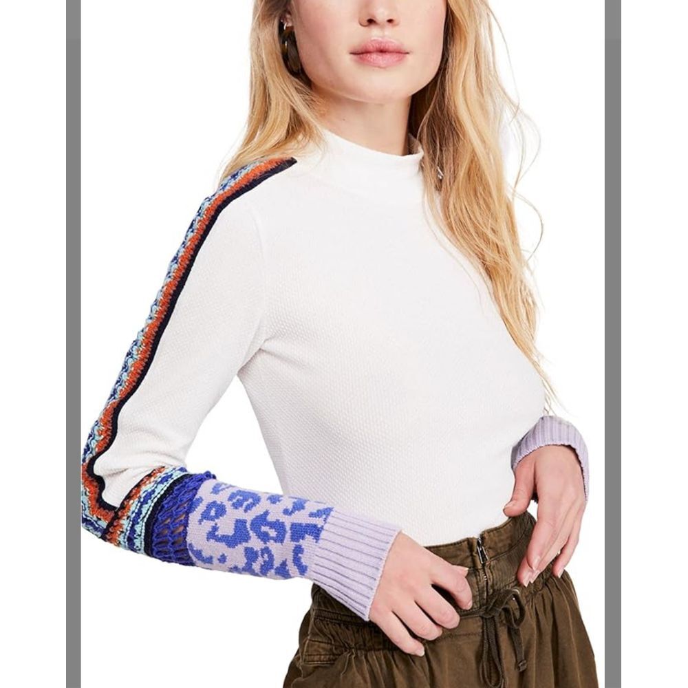 Free People Cream Cowlneck Sweater with Multicolor Patterned Sleeves